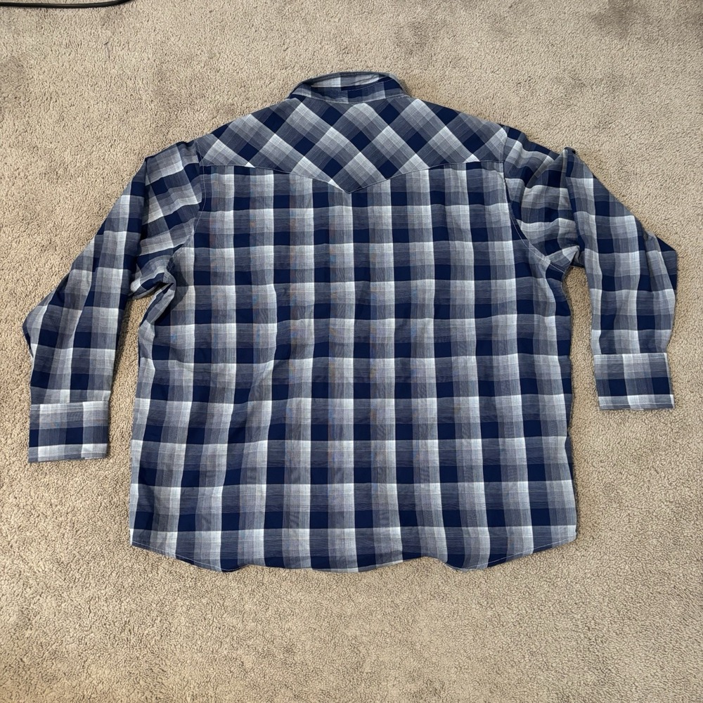 Vintage Wrangler Wrancher‎ Western Pearl Snap Shirt Blue Plaid Long Sleeve 2XL - Picture 8 of 9